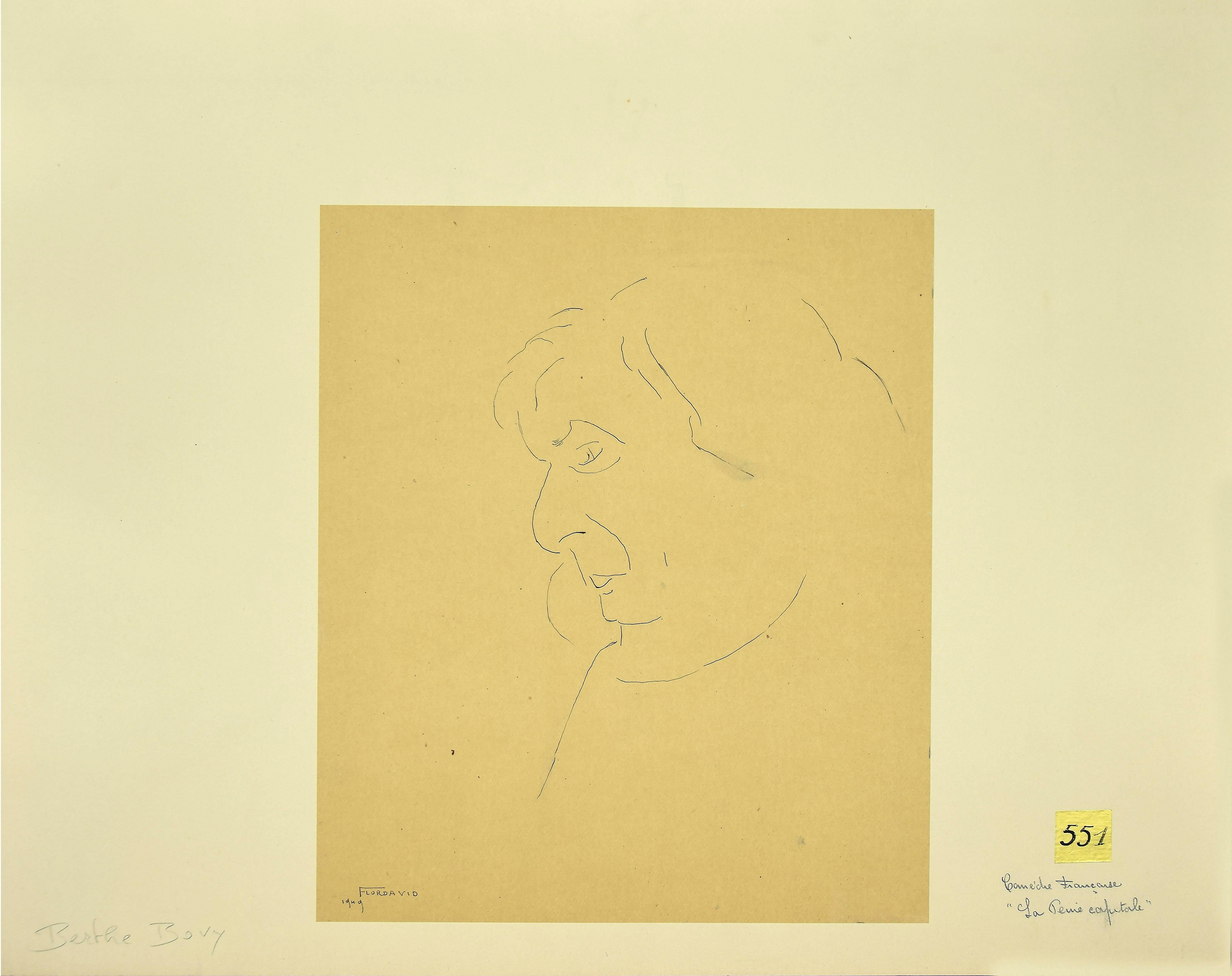 Portrait de Berthe Bovy - Dessin à l'encre et au crayon de Chine noire  1949