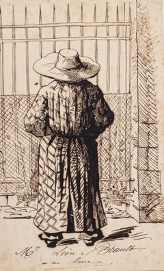 Figure from the Back - Black China Ink Drawing - 20th Century