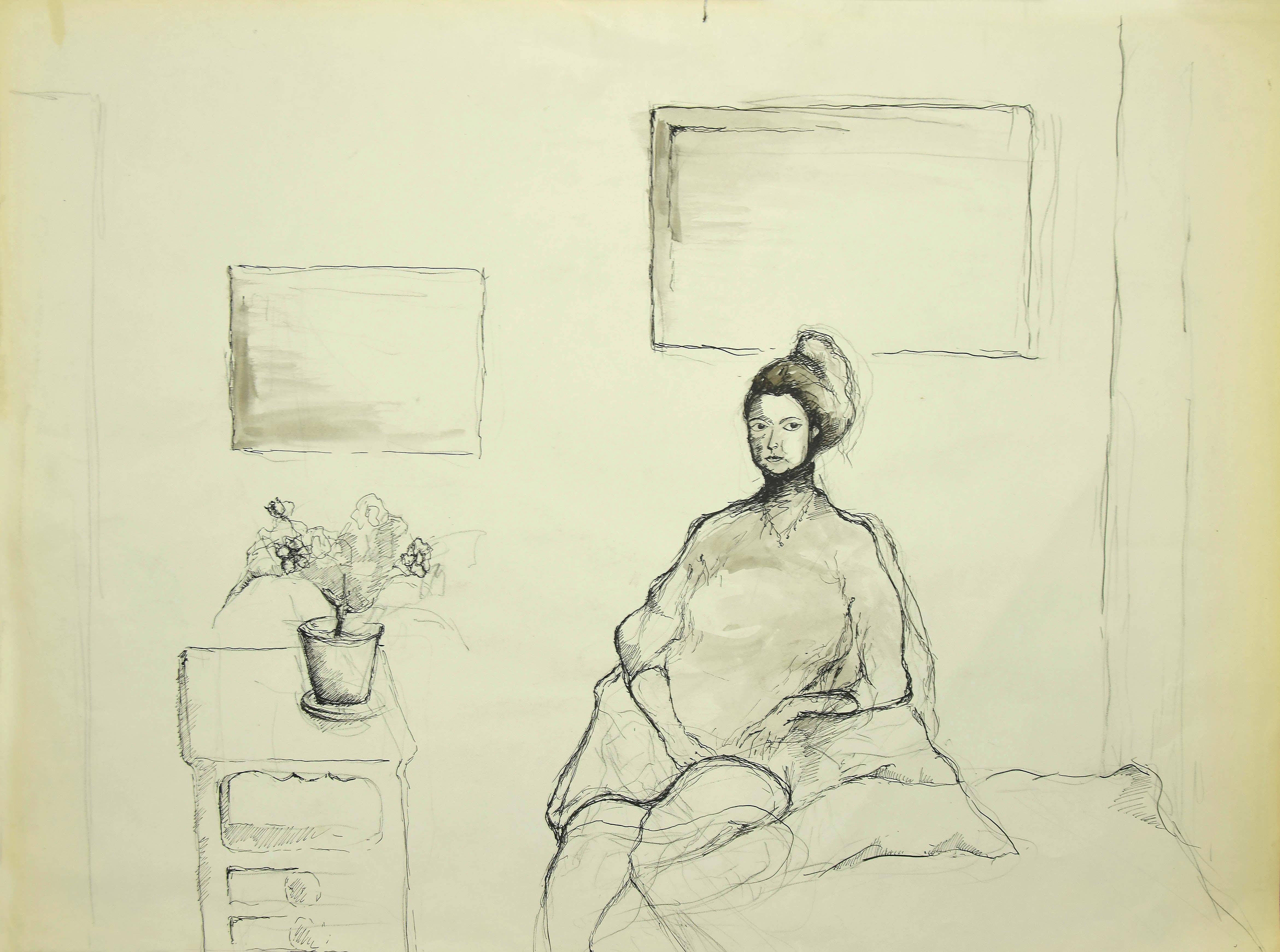 Girl in a Room - Original China Ink Drawing - 20th Century