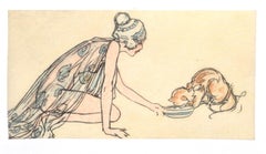 Woman Figure - Original Ink and Pastel on Paper - 20th Century