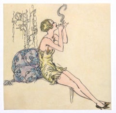 Figura di donna - Inchiostro e pastello originale su carta - XX secolo