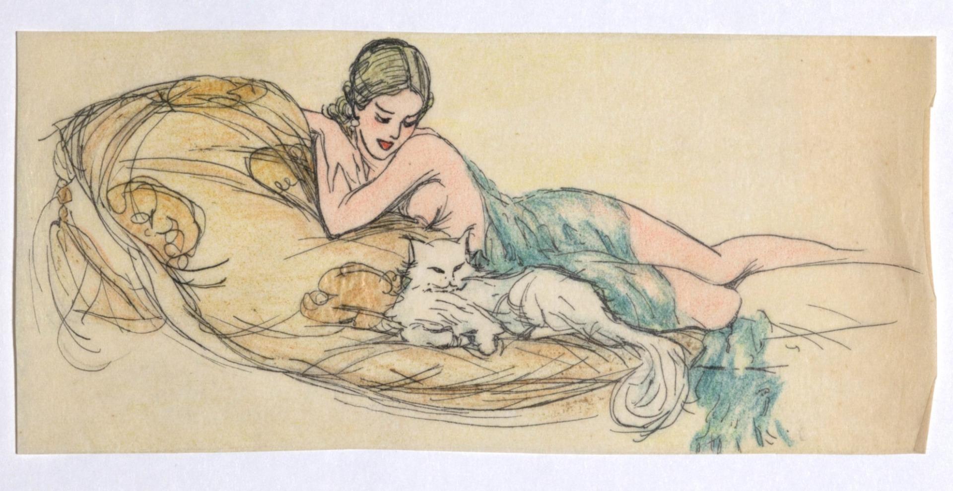 Figurative Art di Unknown - Figura di donna - Inchiostro e pastello originale su carta - XX secolo