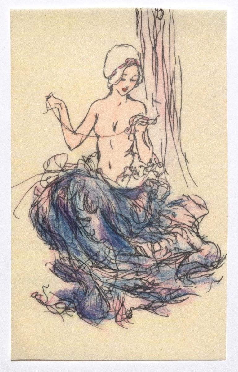 Unknown Nude - Woman Figure - Original Ink and Pastel on Paper - 20th Century