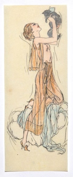Woman Figure - Original Ink and Pastel on Paper - 20th Century