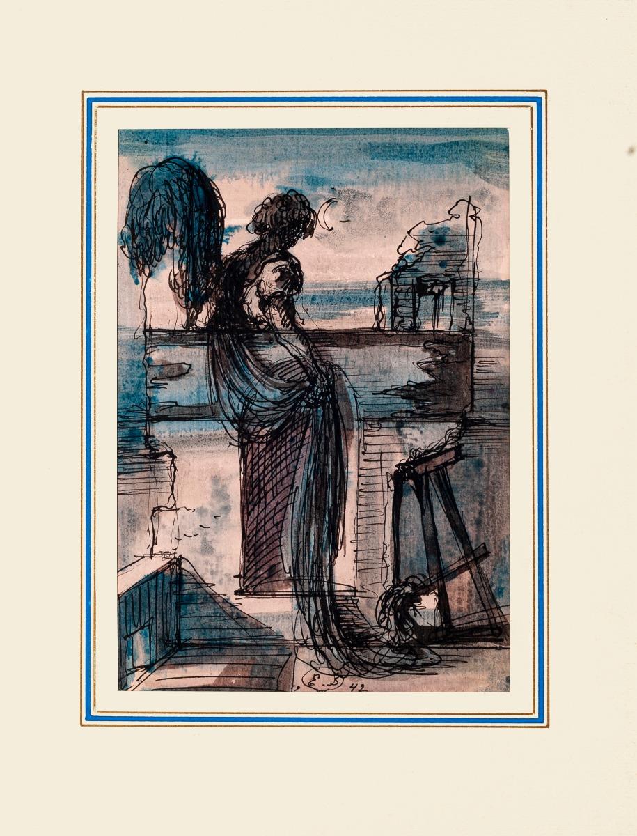 Homesickness 1942s is an original monogram drawing in ink and watercolor on ivory-colored paper, realized by Russian scenographer Eugène Berman, hand-signed.

Image Dimension: 40 x 30 cm

In very good conditions. 

The artwork represents a