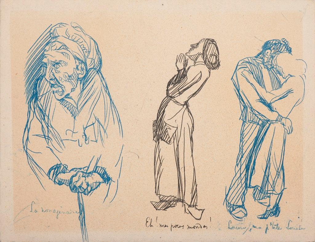 Three Figures with Subtitles - Original Pen Drawing - 20th Century