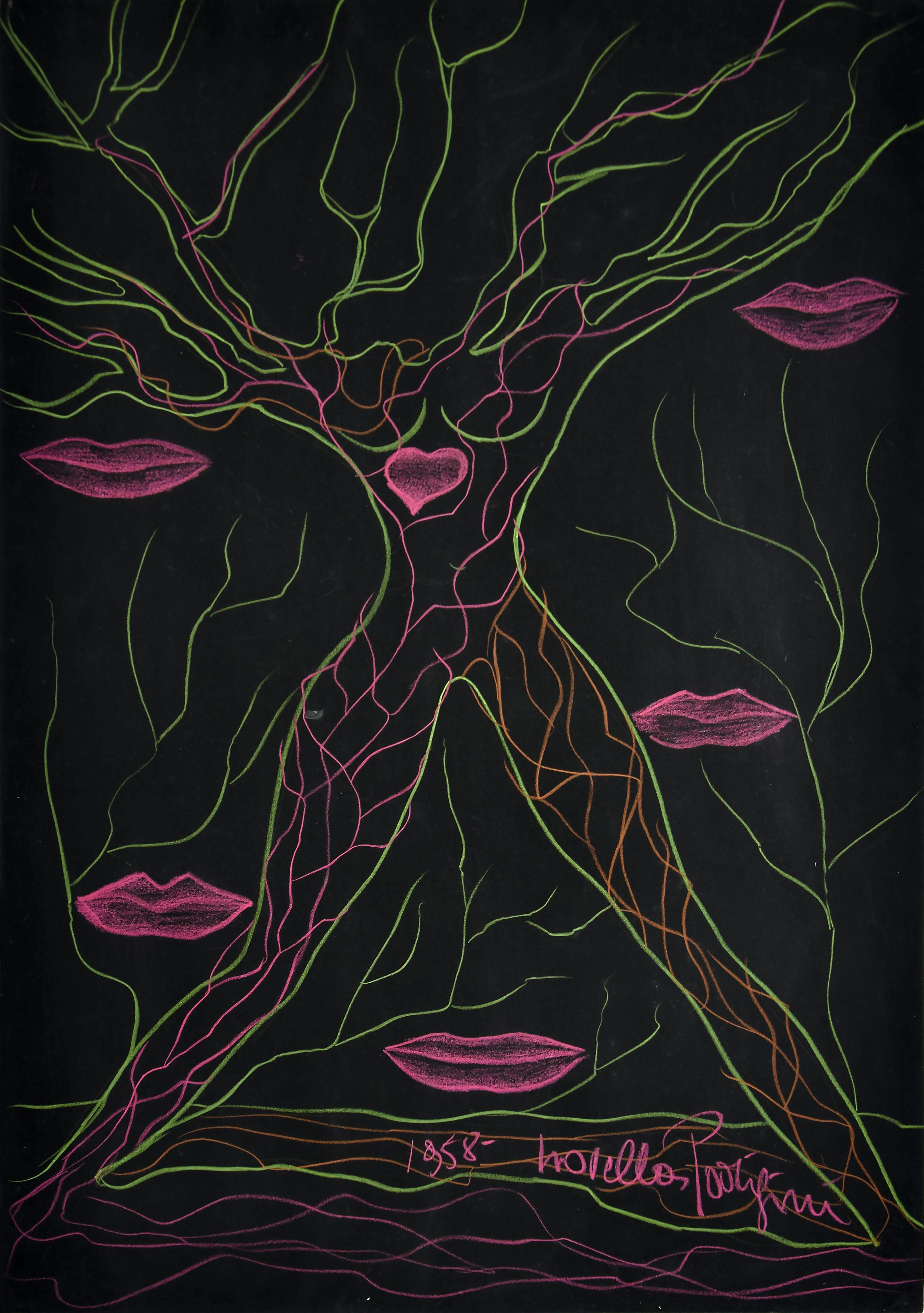 Novella Parigini Abstract Drawing - Love - Drawing In Pastels - 1958