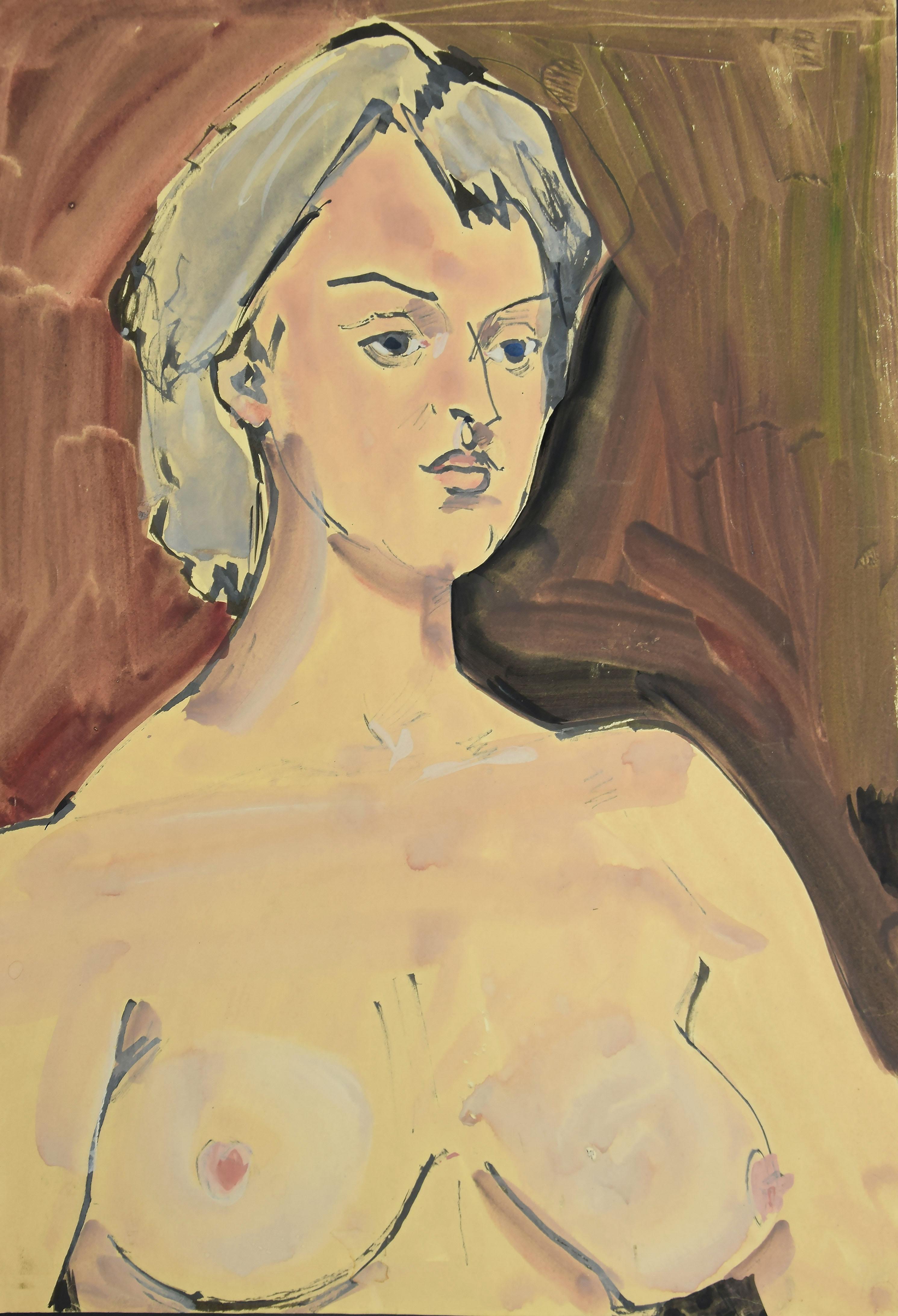 Portrait of a woman - Original Drawing In Tempera and Watercolor - 20th Century