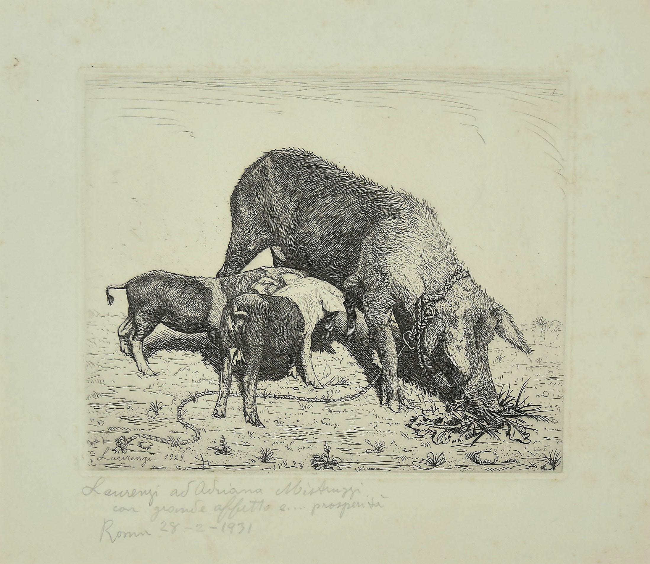 Laurenzio Laurenzi  Figurative Print - The Sow and her Calves - Etching - 1931