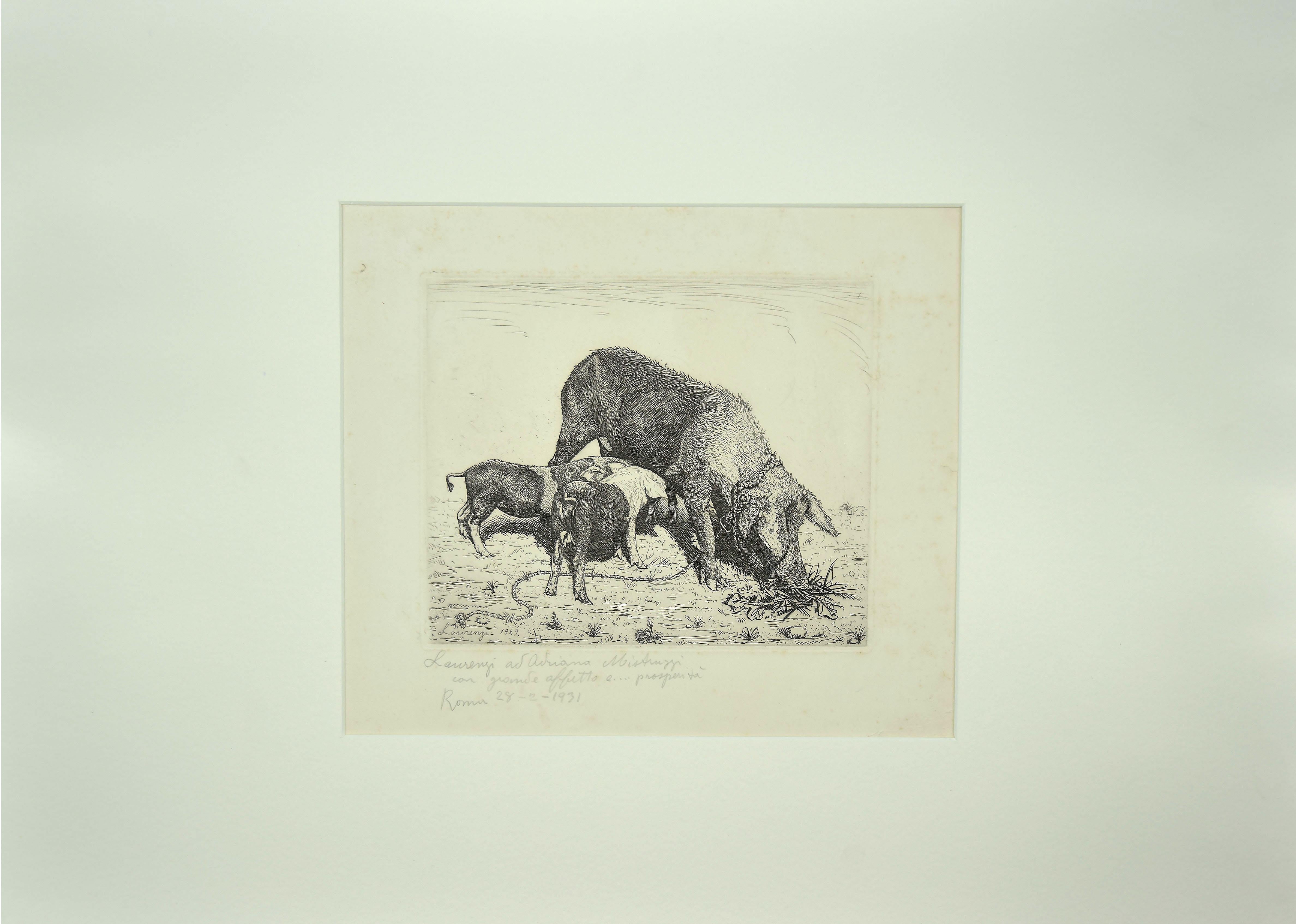 The Sow and her Calves - Etching - 1931 - Print by Laurenzio Laurenzi 