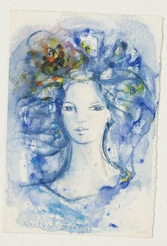 Porträt einer Frau – Original-Aquarell von Madeleine Sellier – 20. Jahrhundert