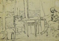 Interior - Original Drawing In Pencil And Ink - 20th Century