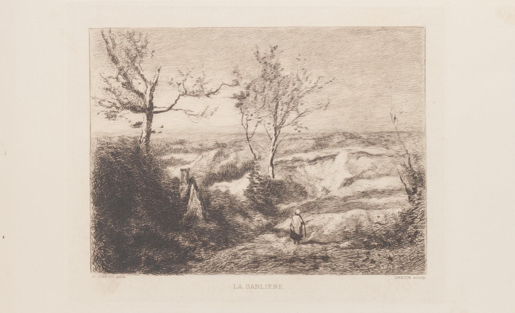 Camille Corot & Greux Landscape Print - La Sablière - Etching after C. Corot by G.M. Greux - 19th Century