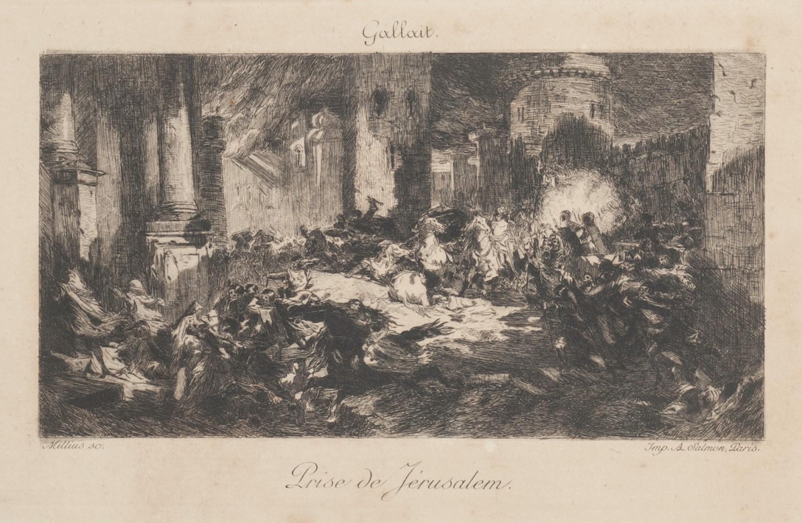Prise De Jerusalem is an original print in etching technique, realized by Felix Milius (French Engraver; 1843-1894) and by A.Salmon (Publisher, Paris) .

 Good conditions.

This etching realized by Felix Milius and Salmon shows the sculptor's
