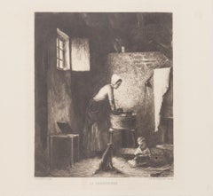 La Lessiveuse - Original Etching by A. Decamps & Ch. Bourgeat - 19th Century