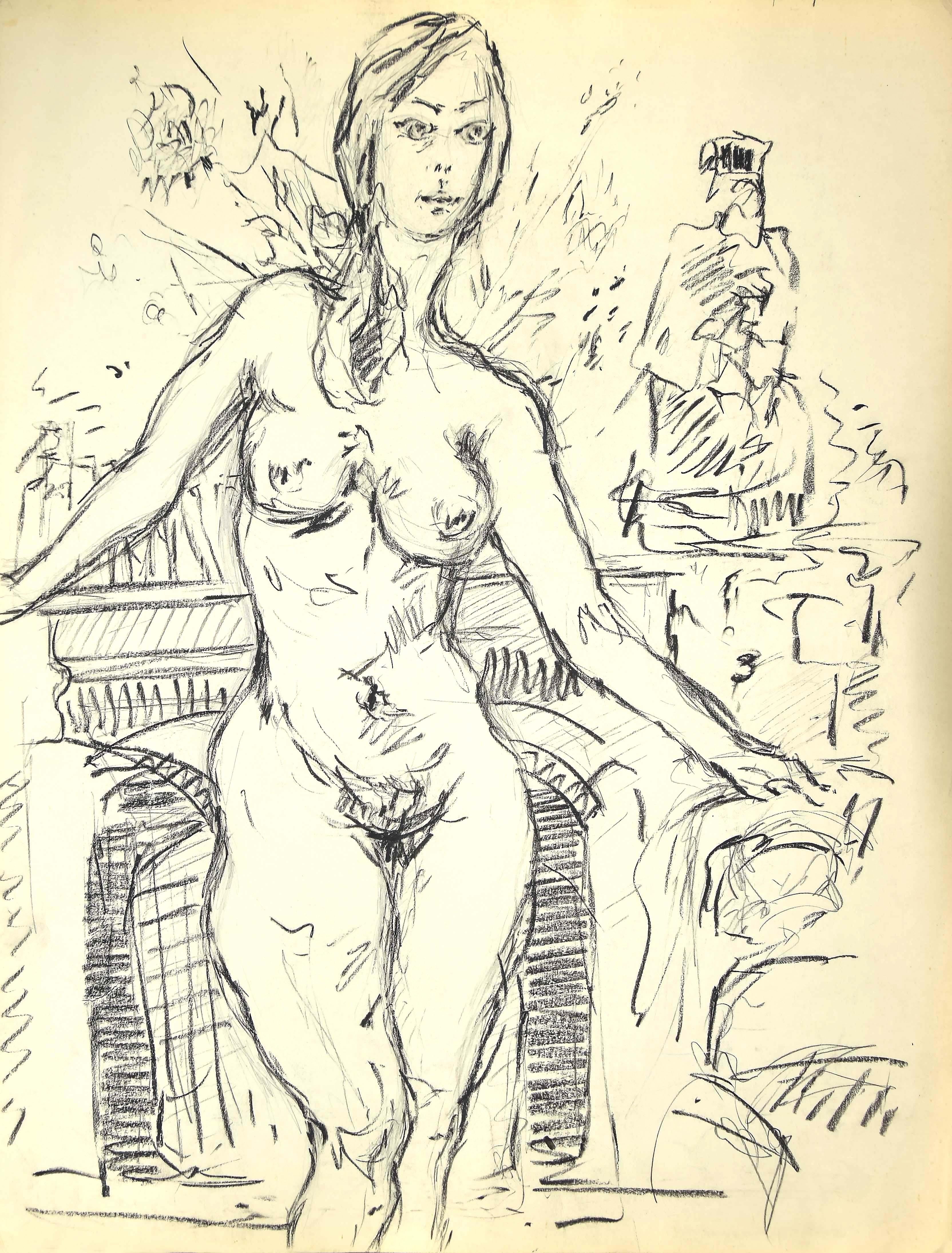 Woman Figure - Original Drawing In Pen and Pencil - 20th Century