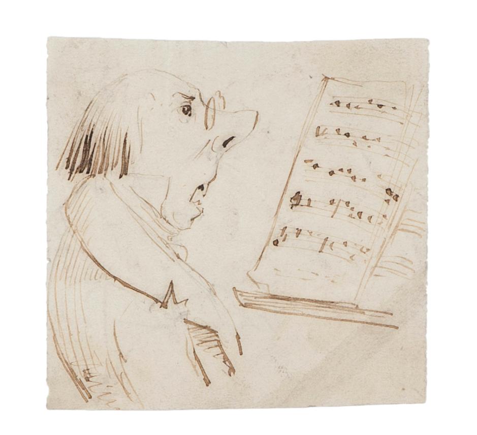 Unknown Figurative Art - Music Teacher - Black China Ink Drawing - 20th Century