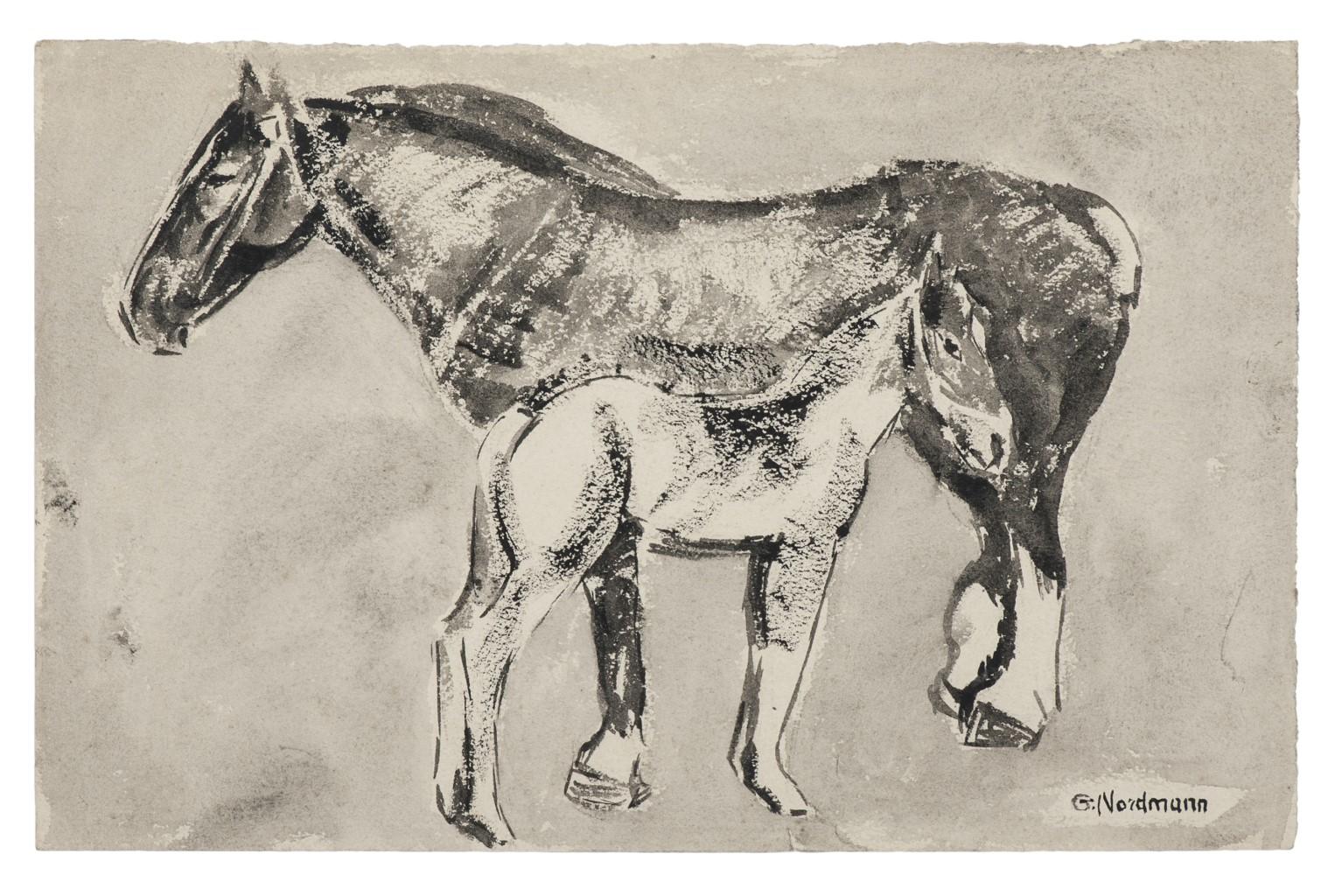 Horses - Original Black Watercolored Ink Drawing - 20th Century