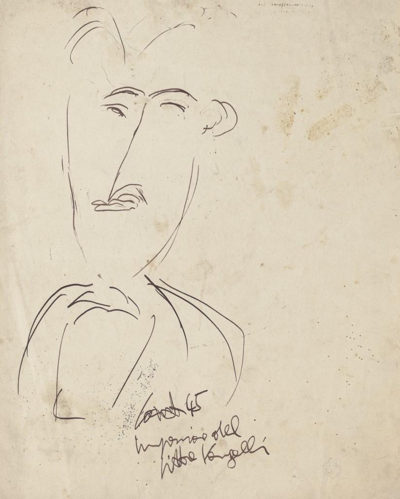 Antonio Vangelli Portrait - Man Figure - Black China Ink Drawing- 20th Century