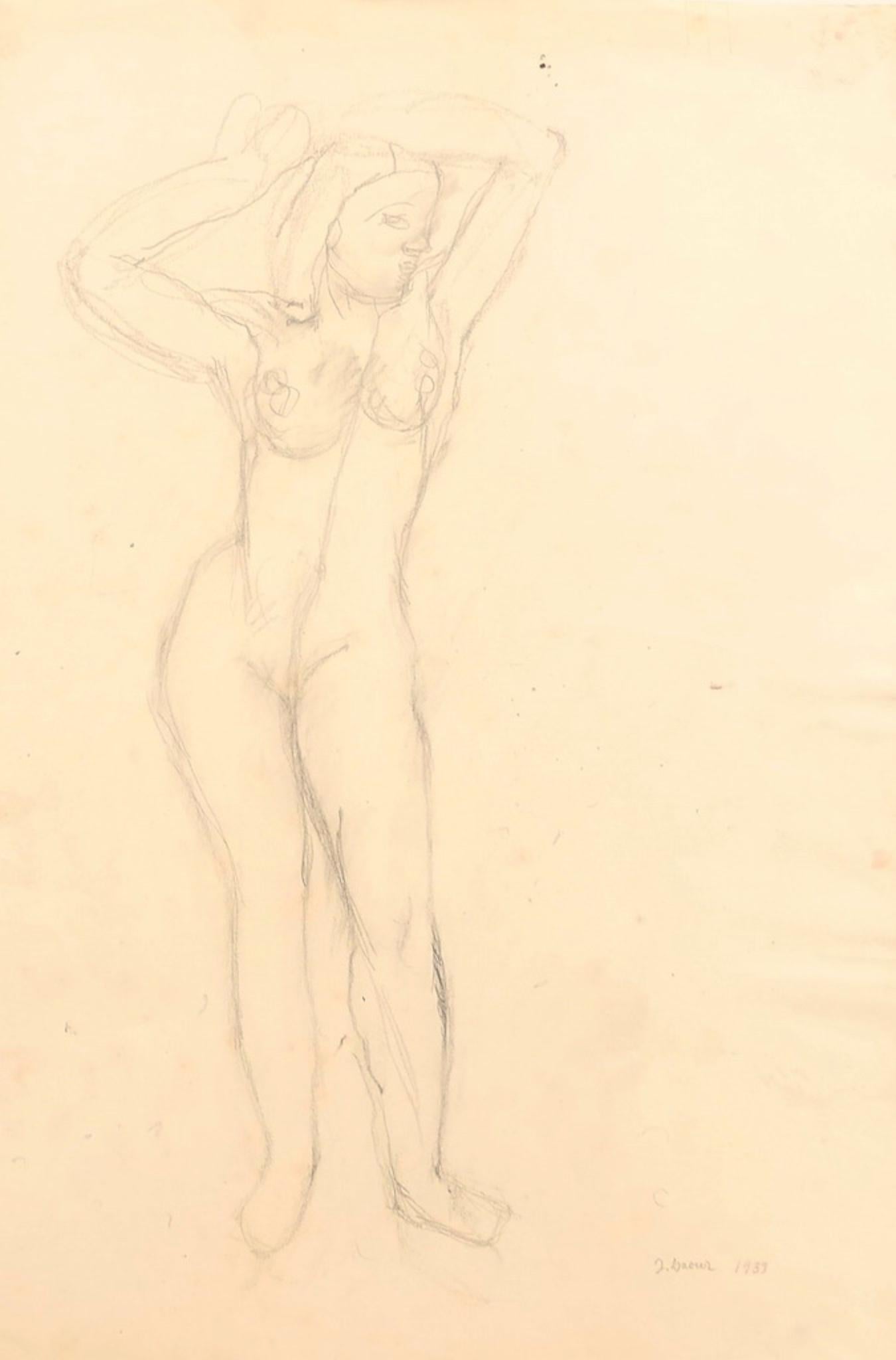 Nude - Drawing In Pencil- 20th Century - Art by Jeanne Daour