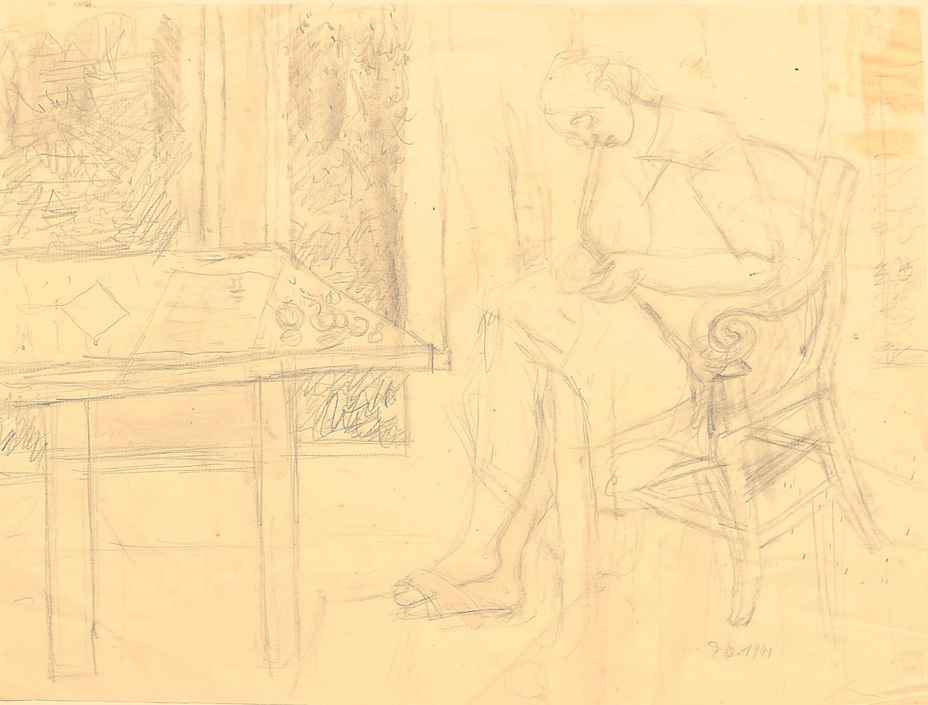 Jeanne Daour Interior Art – Interieur – Zeichnung mit Bleistift – 1941