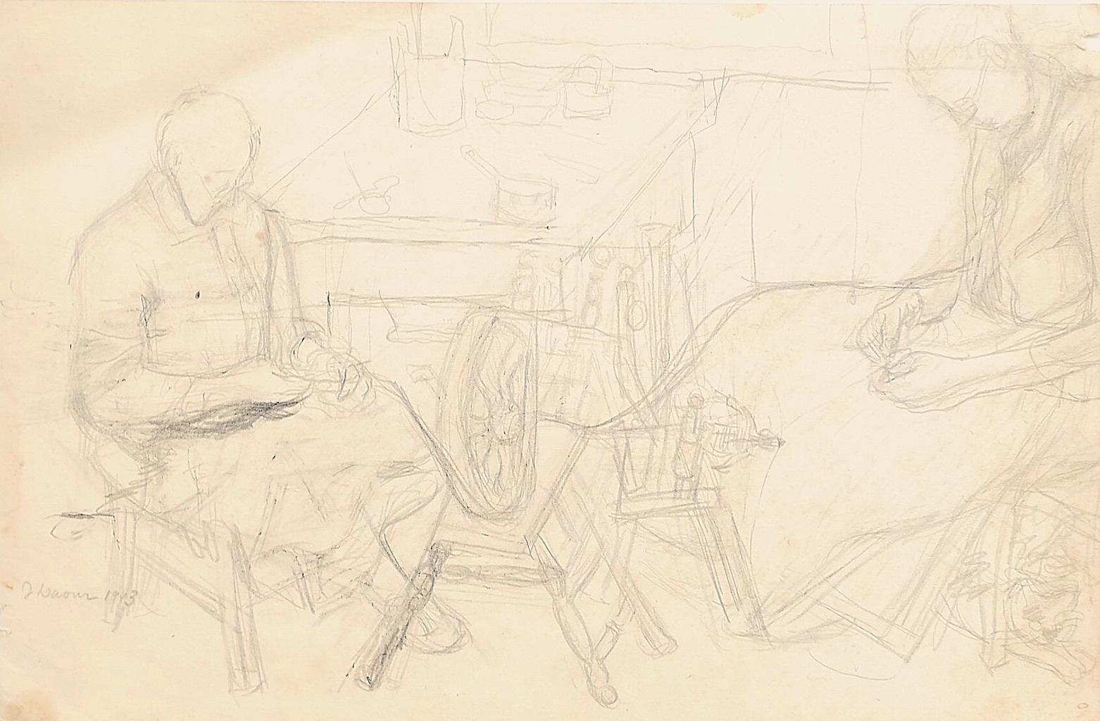 Jeanne Daour Interior Art - Interior - Drawing In Pencil- 1943