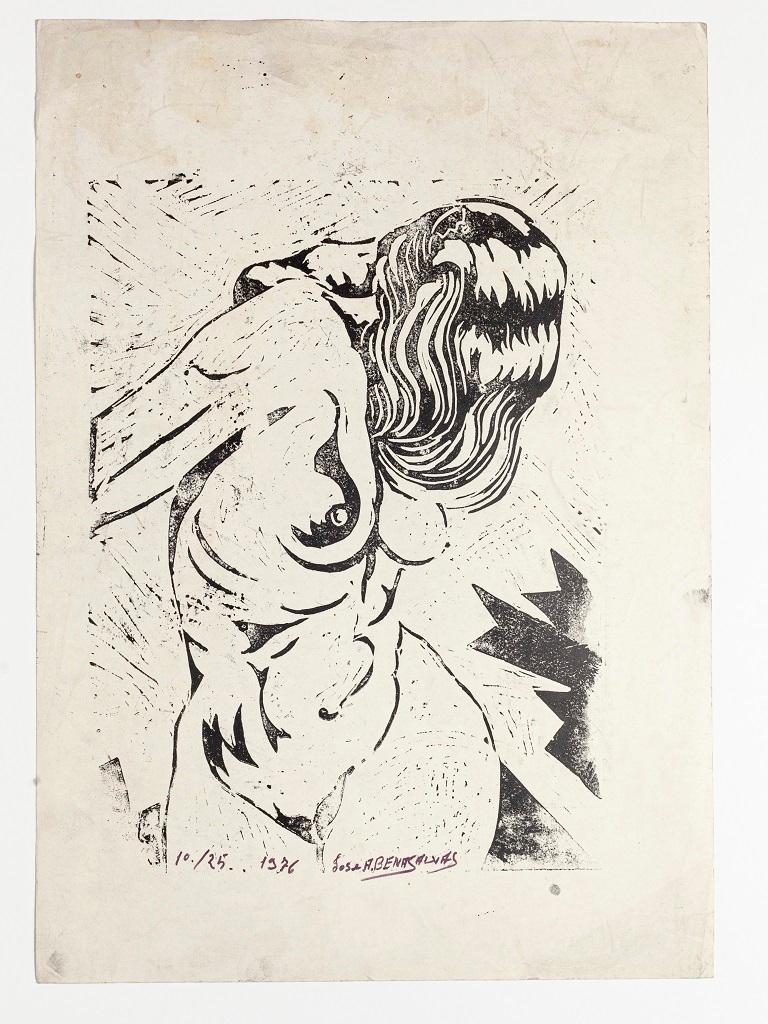José A.Benasalvas Nude Print - Standing Nude - Original Woodcut On Rigid Paper- 1976