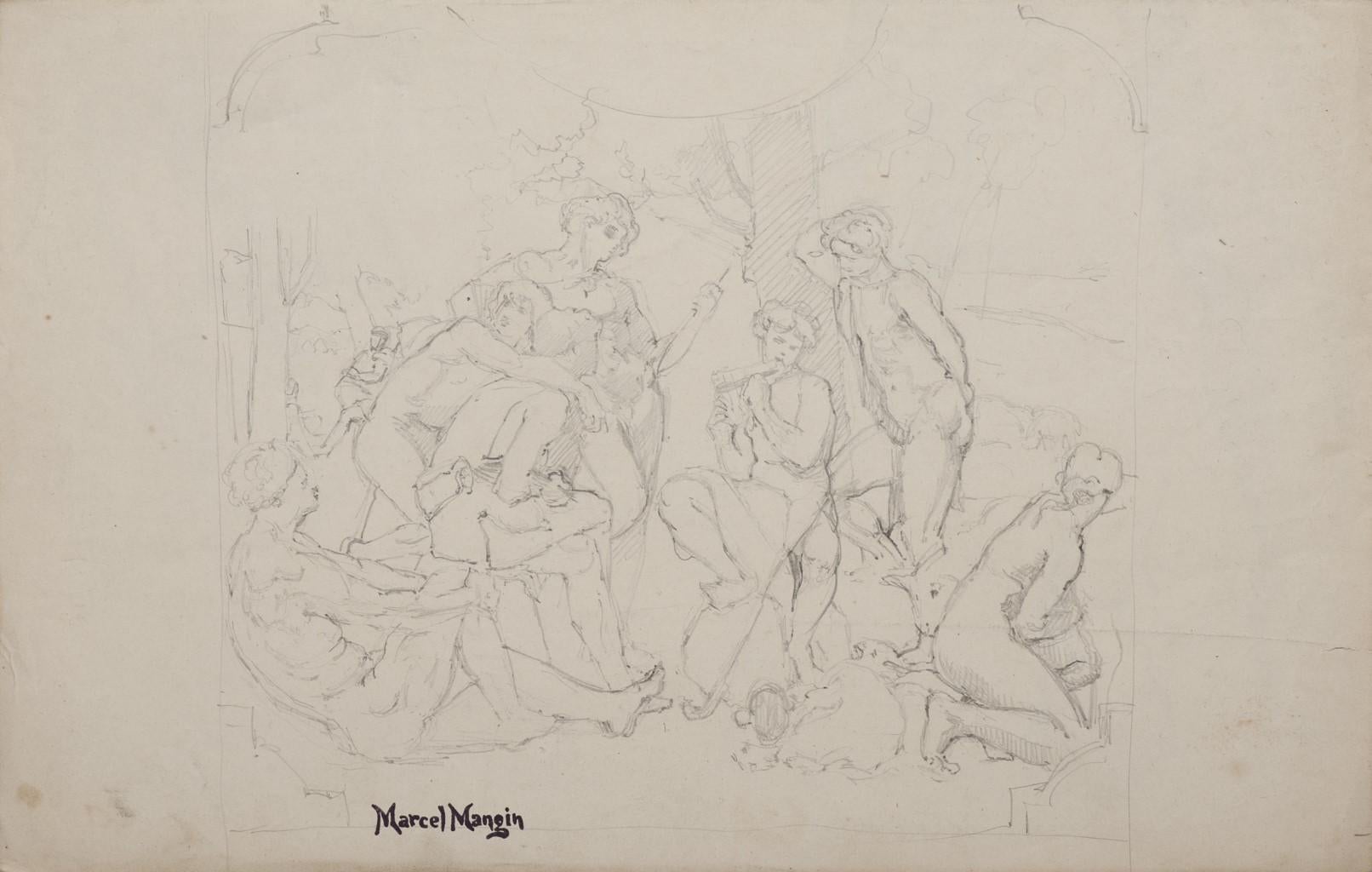 Marcel Mangin  Figurative Art - The Concert of a Faun - Pencil on Paper - 19th Century