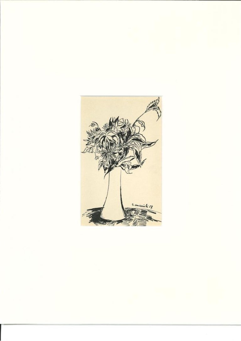 Vase of Flowers -  Drawing In Pen by Giovanni Omiccioli - 1957 For Sale 1