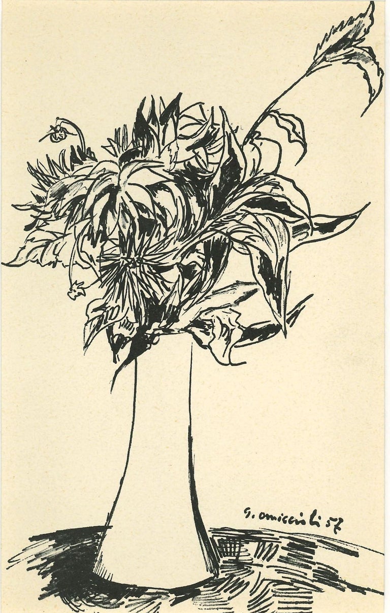 Vase of Flowers is a beautiful drawing in pen, realized in 1957 by the Italian artist Giovanni Omiccioli (Rome, 1901-1975). 

Hand-signed in pencil on the lower right and dated. In very good conditions

Included a white Passepartout: 40 x 30