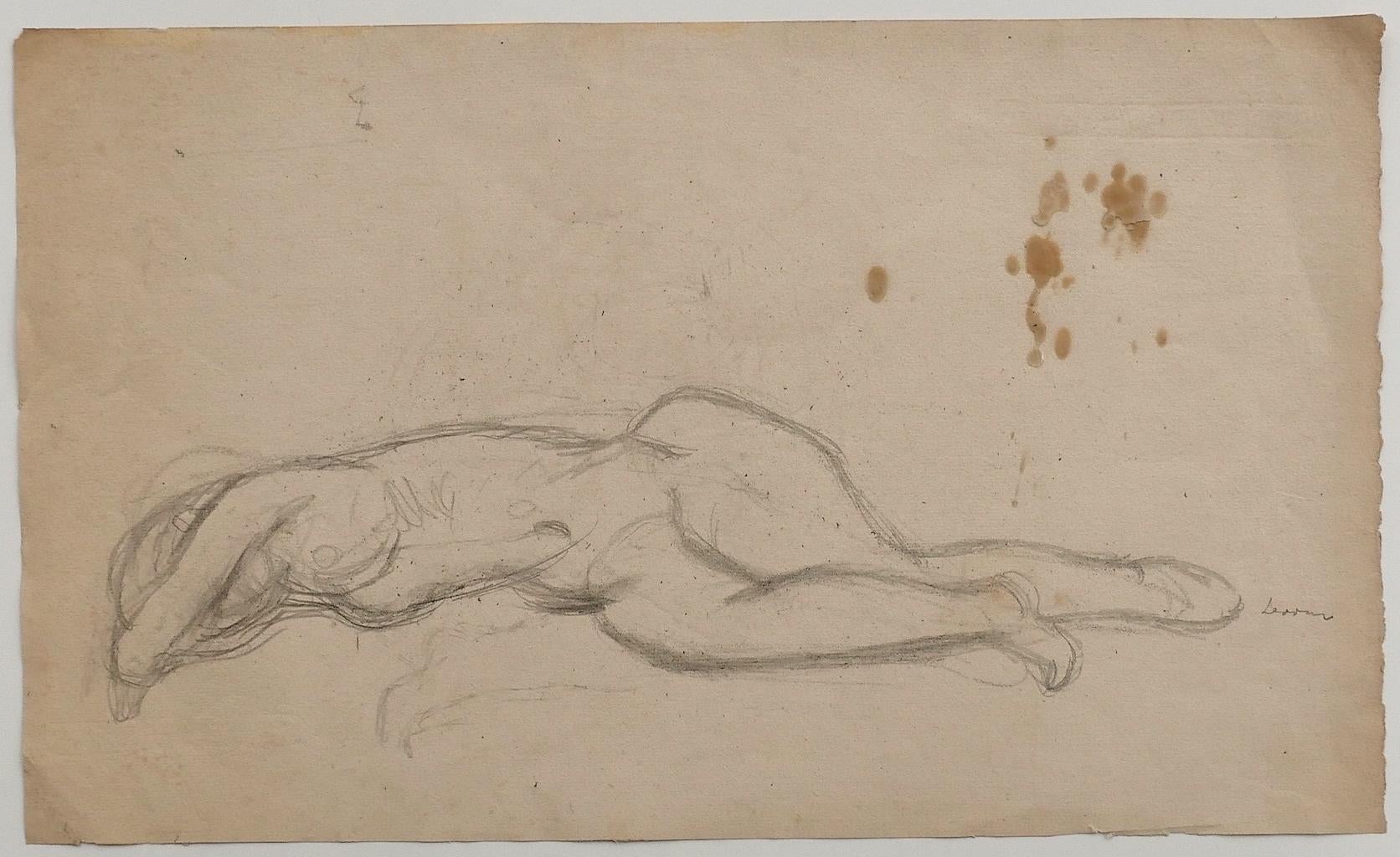 Nude ist eine Originalzeichnung in Bleistift auf Papier von Jeanne Daour.

Der Erhaltungszustand ist bis auf einige Flecken gut

Rechts unten handsigniert.

Blattgröße: 27,5 x 45,5 cm

Das Kunstwerk stellt eine posierende Frau dar, die mit