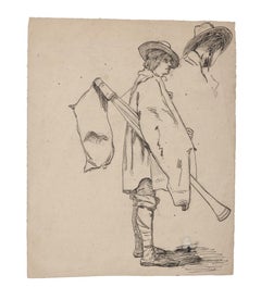 Bassoon Player - Original Ink Drawing - 19th Century