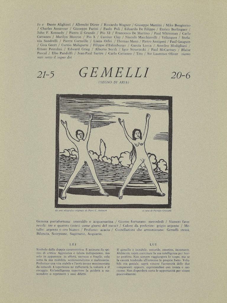Piero C. Antinori. Figurative Print - Gemini - Original Woodcut Print by P. C. Antinori - 20th Century