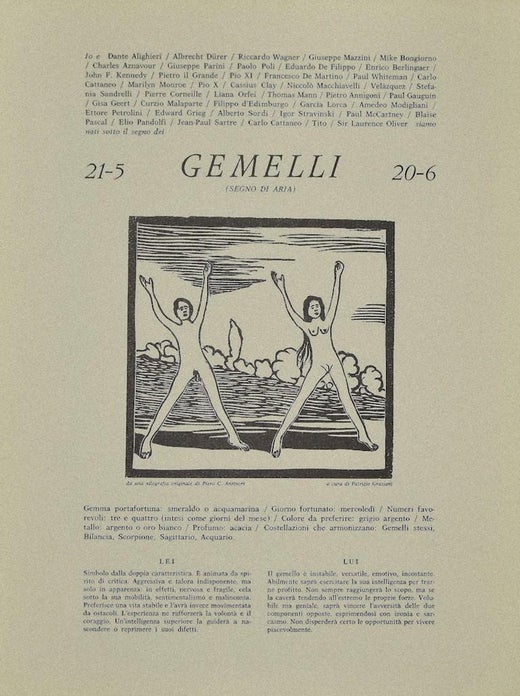Piero C Antinori Gemini Original Woodcut Print By P C Antinori th Century For Sale At 1stdibs