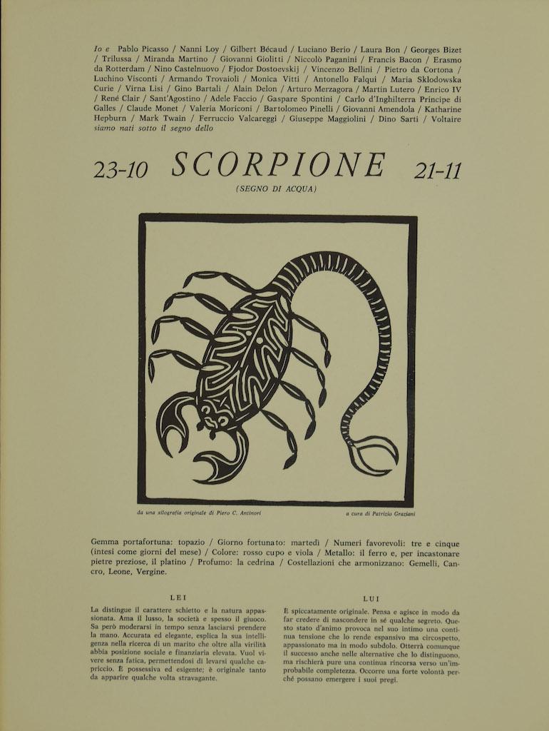 Piero C. Antinori. Figurative Print - Scorpio - Original Woodcut Print by P. C. Antinori - 1970s