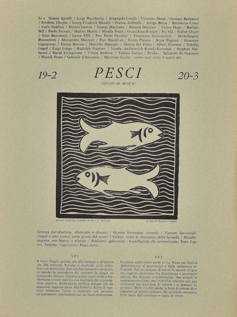 Piero C. Antinori. Figurative Print - The Two Fishes - Original Woodcut by P. C. Antinori - 20th Century