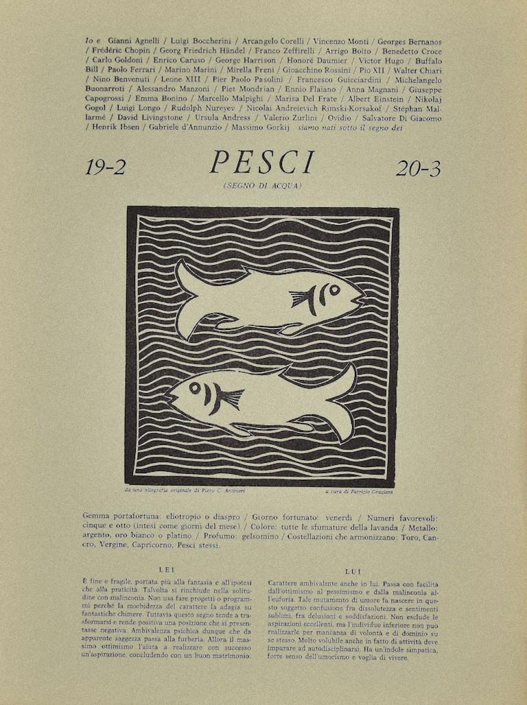 Piero C. Antinori. Figurative Print - The Two Fishes - Original Woodcut by P. C. Antinori - 20th Century
