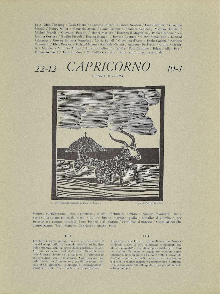 Piero C. Antinori. Figurative Print - Capricorn - Original Woodcut by P. C. Antinori - 20th Century