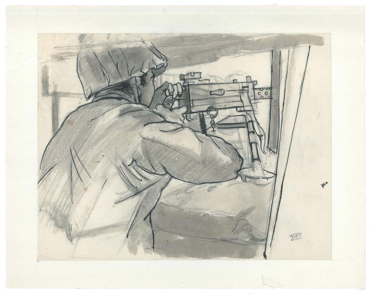 "The Submachine Gun"  is an original black watercolored ink drawing on ivory-colored paper, glued on cardboard, by Jacques Hirtz (1905-1988).
In excellent conditions: as good as new.

Sheet dimension: 26 x 33 cm
 Image Dimensions: 20.8 x 27 cm

This