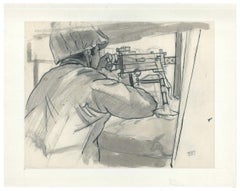 El subfusil - Tinta acuarelada original de Jacques Hirtz - Siglo XX