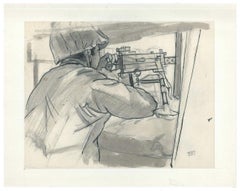 Original Aquarell-Tinte von Jacques Hirtz, „The Submachine Gun“ – 20. Jahrhundert