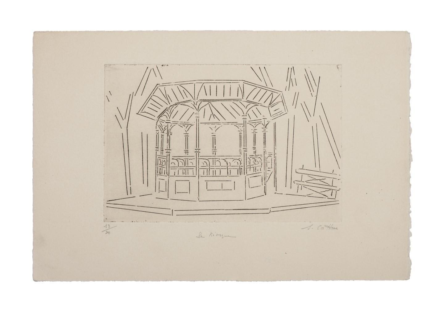 "The Kiosk" is a beautiful print in etching technique, realized by Suzanne Cattan (1910).

Numbered 13/20, on the lower left. Only 20 exemplares. Illegible Hand signed, on the lower right.
Image Dimensions: 12 x 18 cm

The title of the work, on the