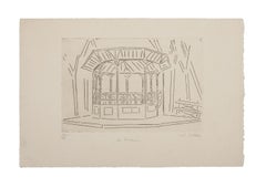 Vintage The Kiosk - Etching by Suzanne Cattan - 20th Century