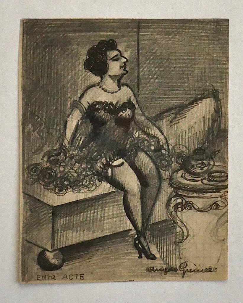 Entertainer in the Cafe is a drawing in pencil and China Ink on paper realized by Angelo Griscelli (1893 - 1970)

The state of preservation is good and aged.

Han-signed on the lower right

Passepartout Included: 51 x 35 cm

The artwork represents a