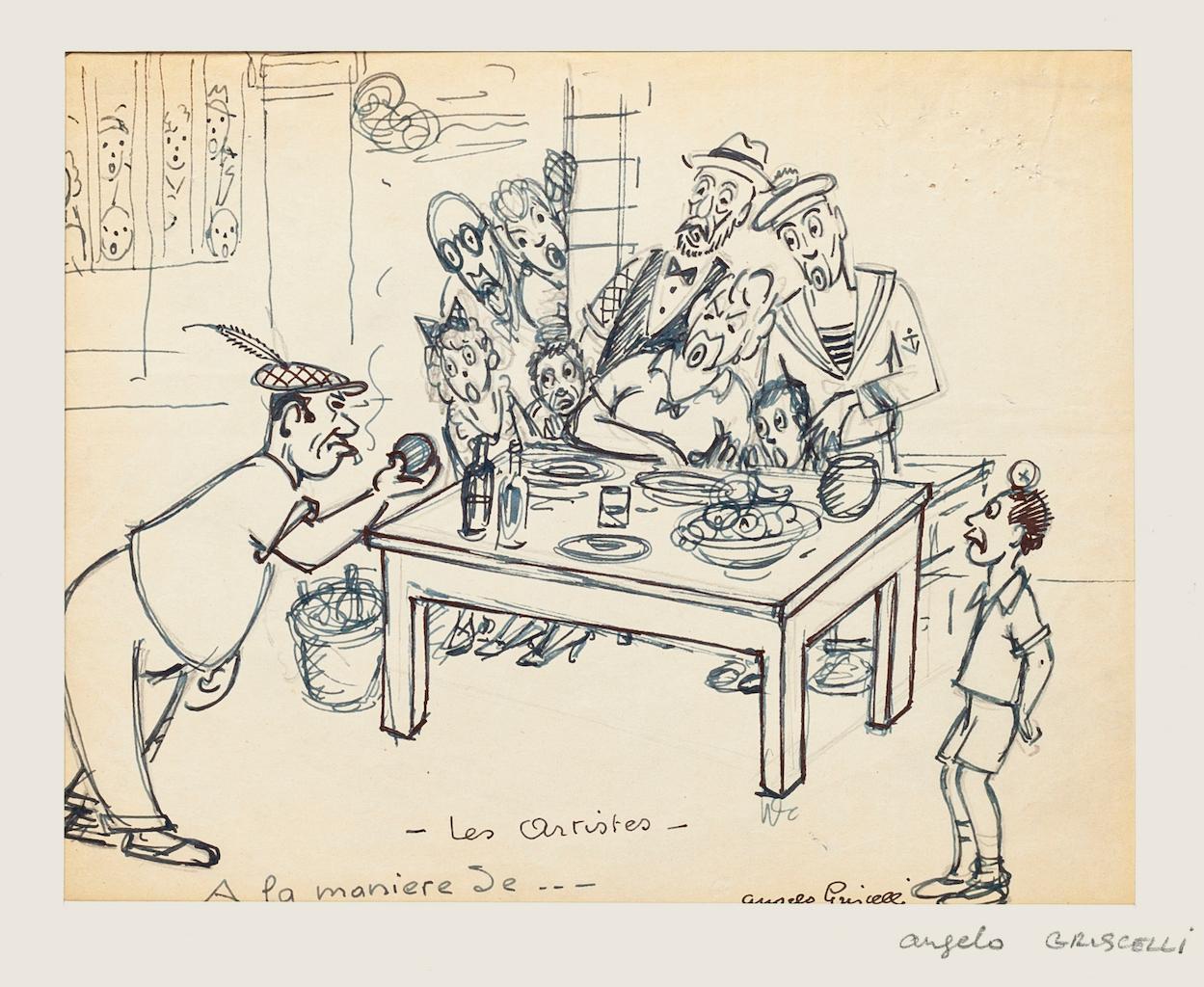 Figures is an original drawing in pencil  China Ink on paper realized by Angelo Griscelli (1893 - 1970)

The state of preservation is good and aged and some mall holes close to top right angle.

Han-signed on the lower right.

Passepartout Included: