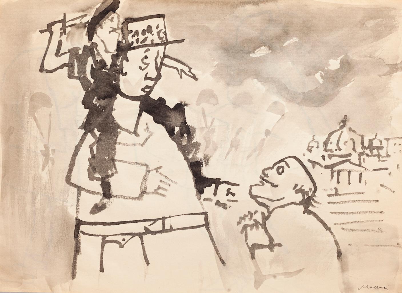 "The Couple"  is included two original drawings on ivory paper ( one on the rear) realized in 1958 by Mino Maccari (1898-1989).

Hand-signed, dated at the top- right in pencil, with the second hand-signed on the rear lower right.
In good