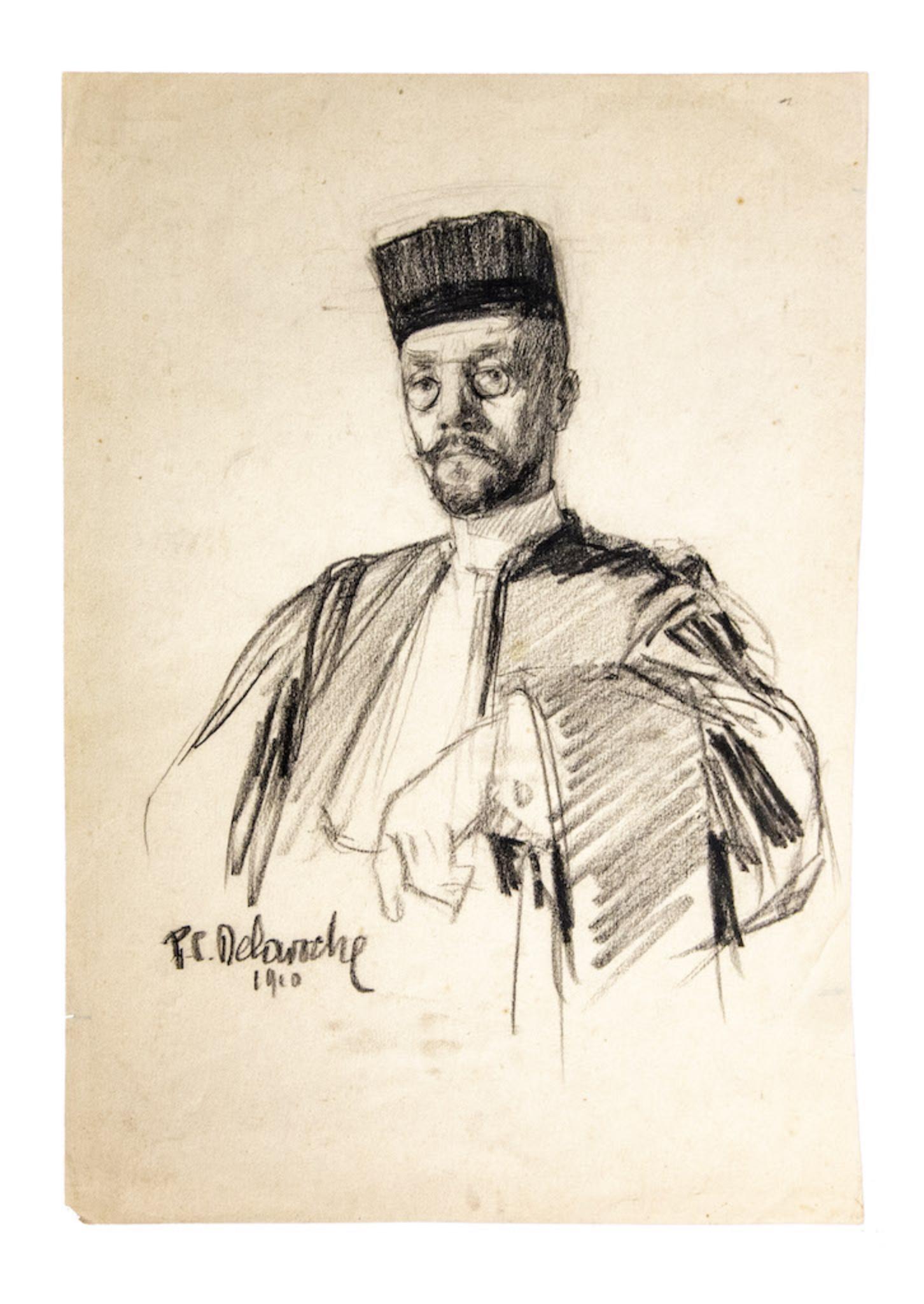 Portrait - Original Drawing in Pencil by Paul Charles Delaroche - 1910