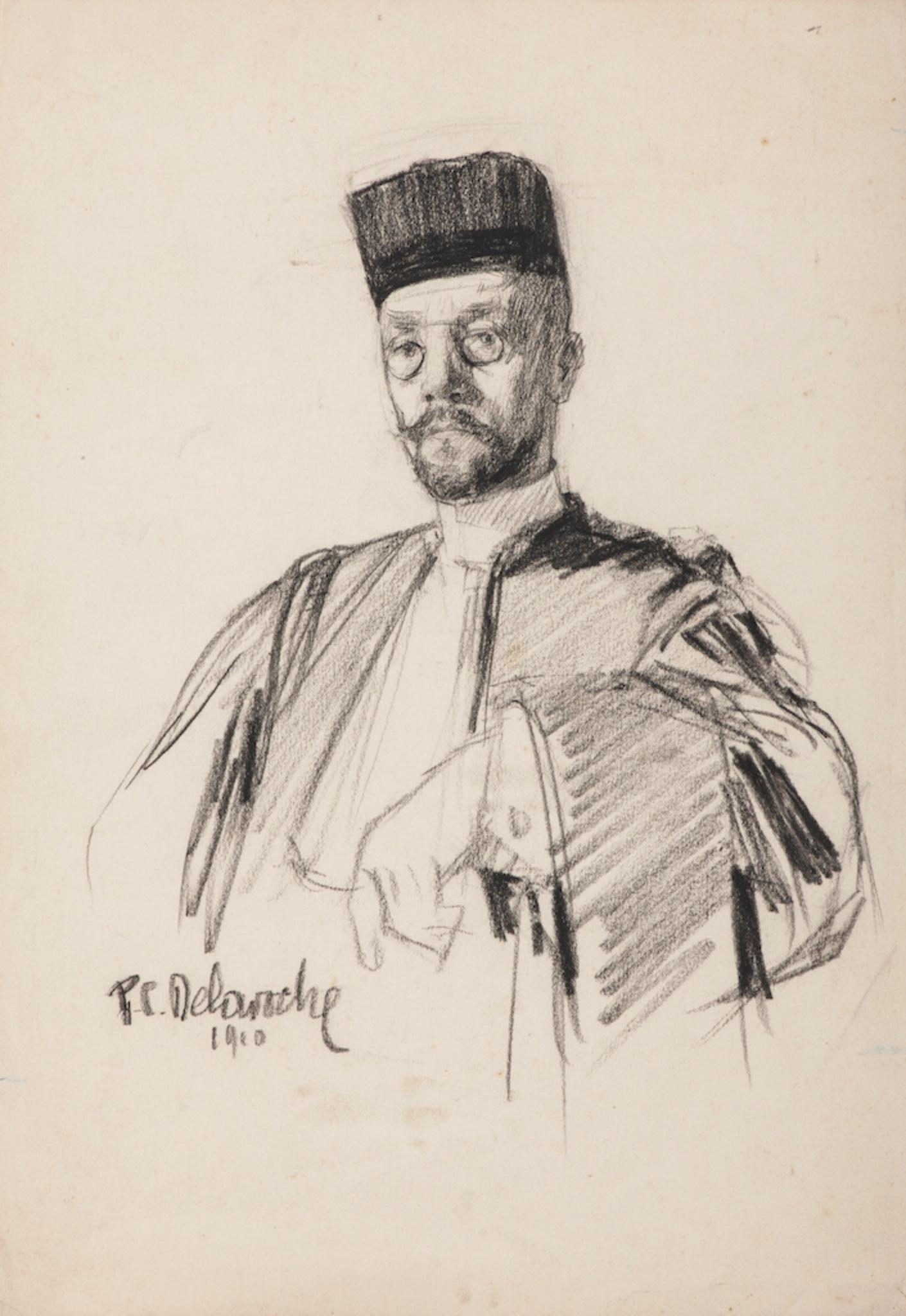 Retrato - Dibujo original a lápiz de Paul Charles Delaroche - 1910 en venta 1