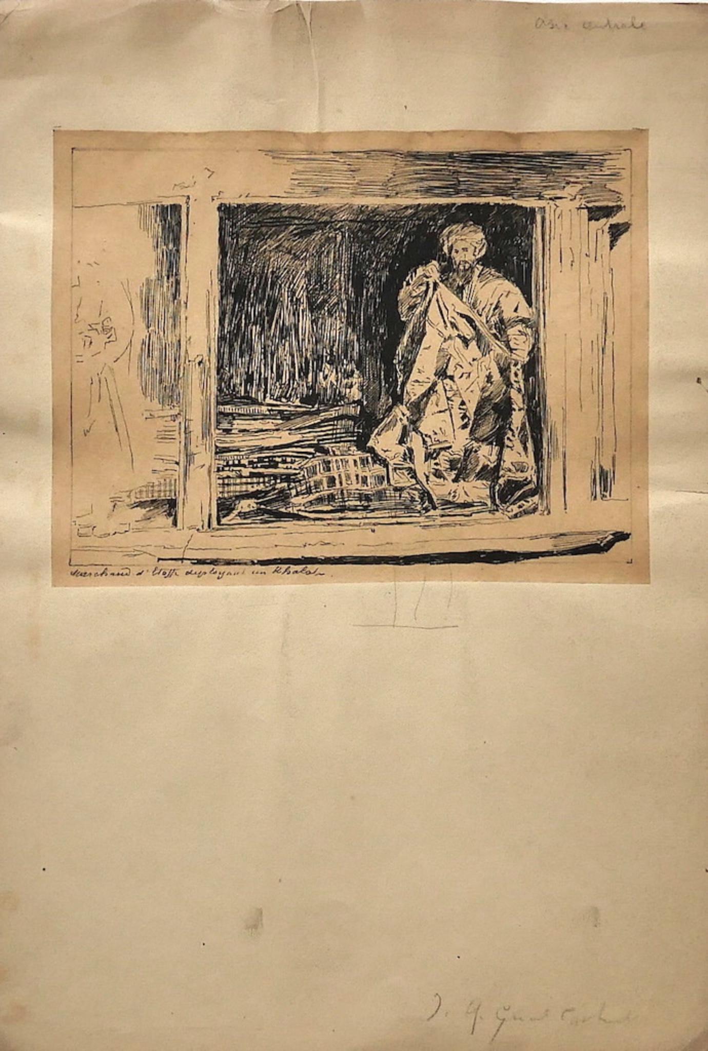 Merchant - dessin original au stylo de Jean Albert Grand-Carteret - 20e siècle