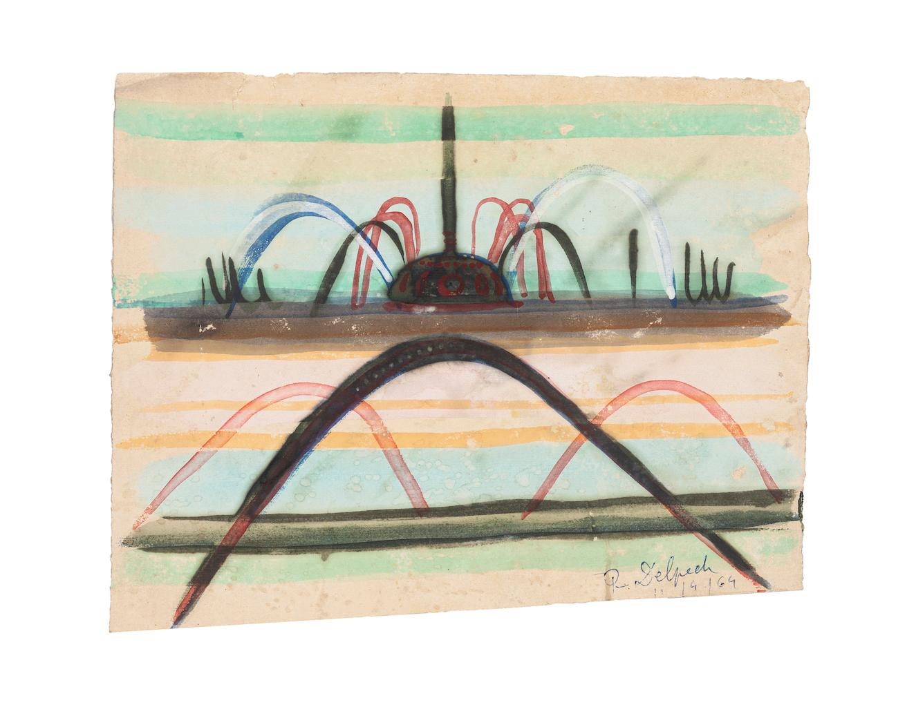 Fountain è un disegno originale in acquerello su carta, realizzato da Jean Delpech (1916-1988). 

Lo stato di conservazione dell'opera d'arte è buono, ad eccezione di macchie diffuse.

Firmato a mano e datato in basso a destra, 1964.

Dimensioni del